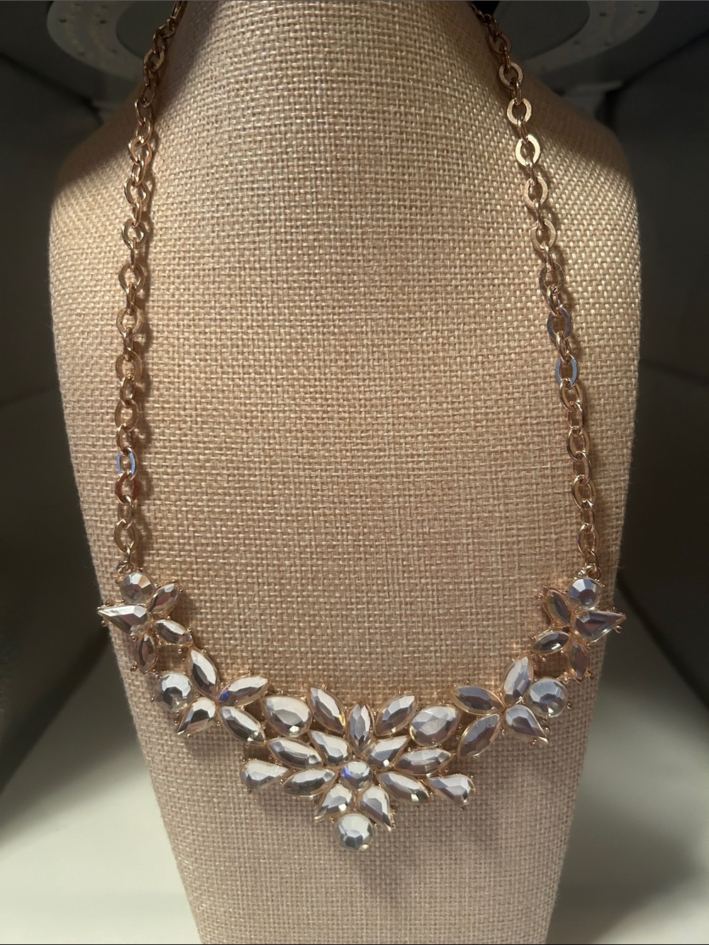 Rose tone necklace bib style cable chain clear faceted rhinestones evening wear
